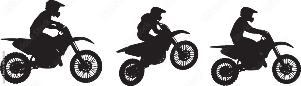 Fototapeta premium Black silhouette of three motocross riders on dirt bikes, motocross, dirt bike, rider, silhouette, black and white, sport, extreme sport, motorcycle, racing, action, speed, off-road, competition, vehi