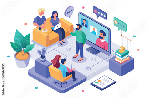 Virtual meeting with participants engaged in discussion from different locations during a remote collaboration session
