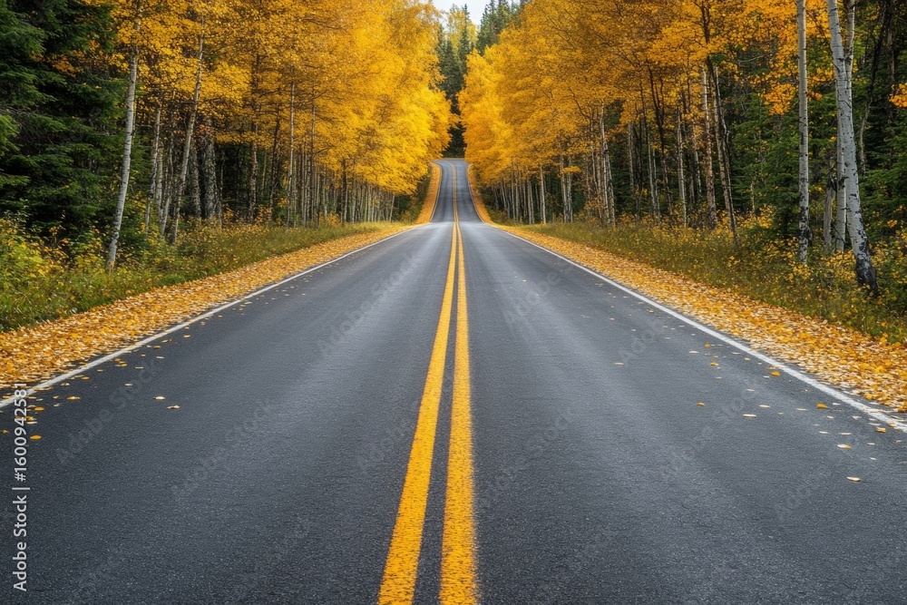 Fototapeta premium A beautifully symmetrical road stretches through a vibrant autumn landscape, framed by trees adorned with golden leaves. The scene captures the essence of fall in stunning detail
