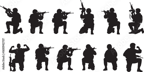Black silhouettes of soldiers with rifles in various action poses, soldier, military, army, silhouette, rifle, gun, weapon, combat, action, pose, kneeling, standing, aiming, tactical, uniform, helmet,