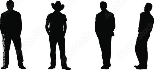 Silhouette of casual standing men in different poses, including cowboy hat figure, relaxed attitude, diverse posture, male profile, informal style