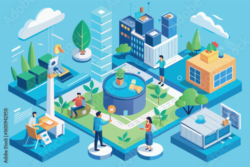 Urban sustainability project showcasing green spaces, renewable energy, and community engagement in a modern city environment