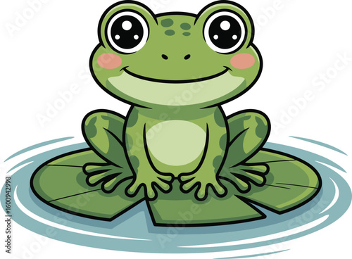 Cute cartoon frog vector illustration, adorable green amphibian on lily pad for kids and nature art

