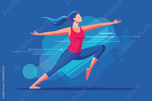 Woman practicing yoga in a vibrant and dynamic setting with a blue background during daytime