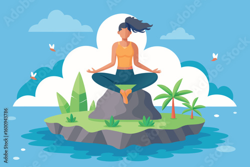 Meditation practice on a serene island surrounded by calm waters and lush greenery at sunrise
