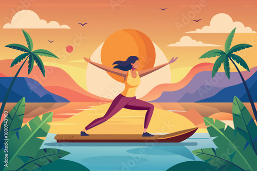 Sunset yoga on a paddleboard in tropical waters with mountains and palm trees in the background