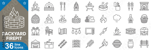 Backyard firepit icons set. Fireplace, burning logs, firewood stack, flame, charcoal, grill grate, camping symbols for garden and patio design. Vector illustration