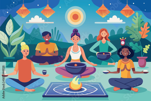 Meditation gathering in a serene outdoor setting during sunset with participants engaged in mindfulness activities