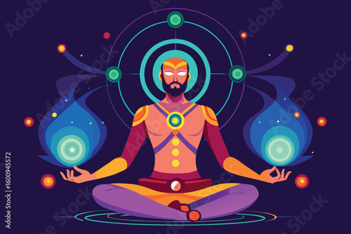 Meditating figure surrounded by cosmic elements in a colorful, mystical setting