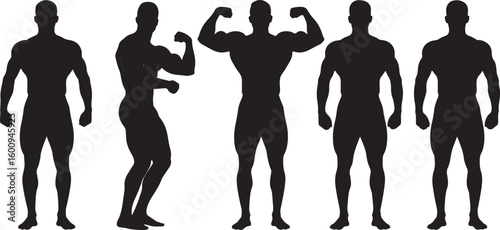 Five black male bodybuilder silhouettes showing muscle poses, silhouette, man, male, bodybuilder, bodybuilding, fitness, muscle, muscles, muscular, strong, athletic, athlete, pose, posing, flexing, bi