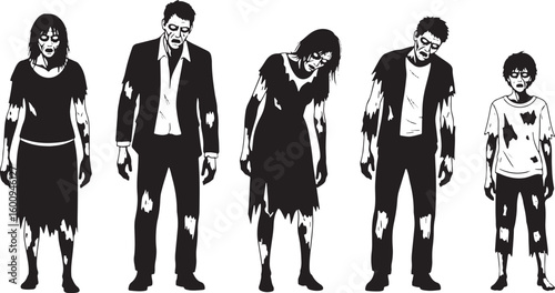 Five black silhouette zombies with tattered clothing and vacant stares, zombie, zombies, undead, horror, monster, silhouette, black and white, tattered clothing, vacant stare, walking dead, apocalypse