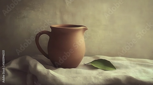 Wallpaper Mural Rustic Clay Pitcher on Soft Drapery with Fresh Green Leaf Torontodigital.ca