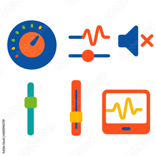 Vibrant Audio Icons. Flat vector icons of sound control: volume knob, slider with wave, mute switch. audio control dial, gain