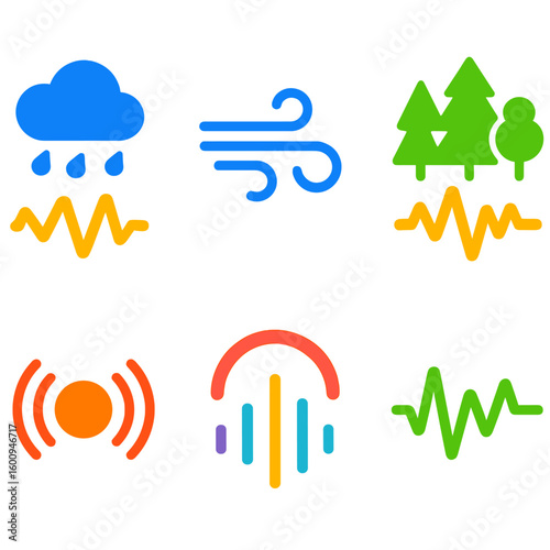Vivid Environmental Sound Icons. Flat vector icons of ambient sound signals: rain sound wave, wind noise icon, forest audio symbol