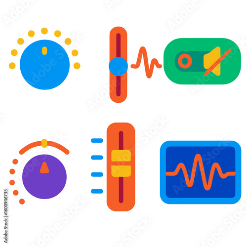 Vibrant Audio Icons. Flat vector icons of sound control: volume knob, slider with wave, mute switch. audio control dial, gain