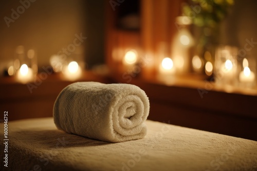 Soft lighting fills the serene spa room, enhancing the soothing ambiance. Scented candles glow gently around a neat, white towel folded on the massage table, inviting relaxation