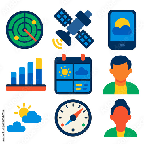 Weather Forecast Icons. Flat vector icons of weather forecasts and tools: weather radar, satellite icon, forecast chart, weather