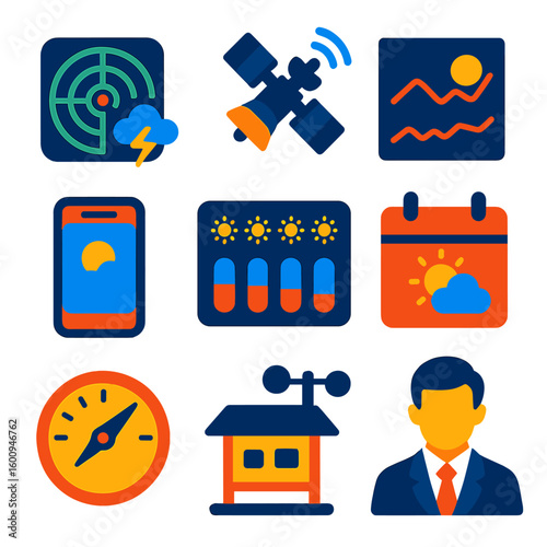Weather Forecast Icons. Flat vector icons of weather forecasts and tools: weather radar, satellite icon, forecast chart, weather
