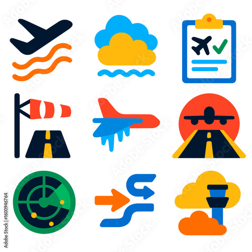 Aviation Weather Icons. Flat vector icons of aviation weather: aircraft turbulence, cloud layers, flight weather report, runway