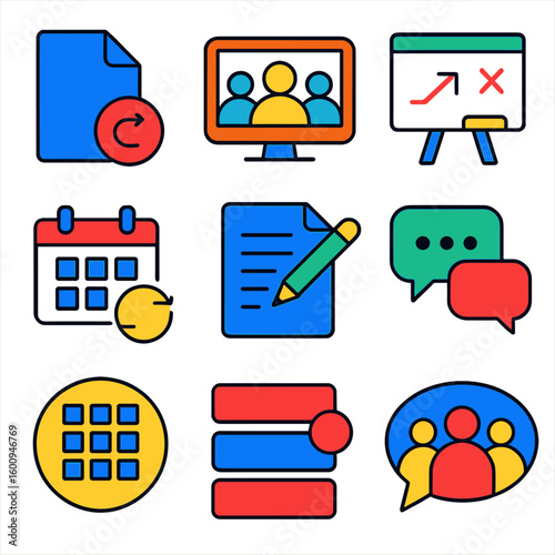 Real-Time Collaboration Icons. Flat vector icons of real-time collaboration: shared file icon, group video call, whiteboard symbol