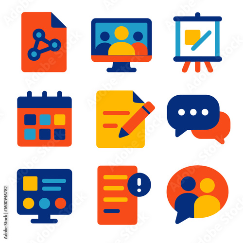 Real-Time Collaboration Icons. Flat vector icons of real-time collaboration: shared file icon, group video call, whiteboard symbol