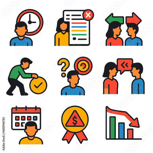 Teamwork Challenge Icons. Flat vector icons of teamwork challenges: time pressure, overloaded task list, conflicting priorities,