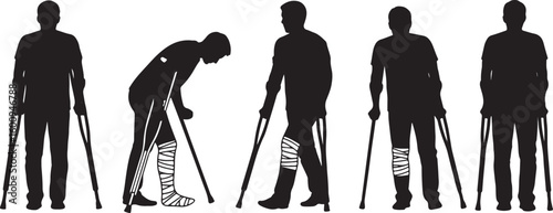 Five black silhouettes of men with crutches and bandages, man, silhouette, crutches, injured, leg injury, broken leg, medical, healthcare, recovery, rehabilitation, walking aid, assistance, disability