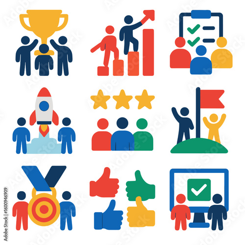 Teamwork Success Icons. Flat vector icons of success through teamwork: shared trophy, rising graph with people, completed