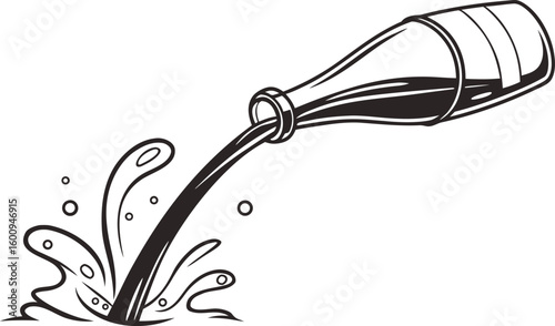 Black and white vector illustration of liquid pouring from a bottle creating splashes and bubbles