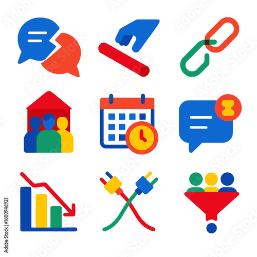 Collaboration Failure Icons. Flat vector icons of collaboration failures: miscommunication symbol, dropped baton, broken link,