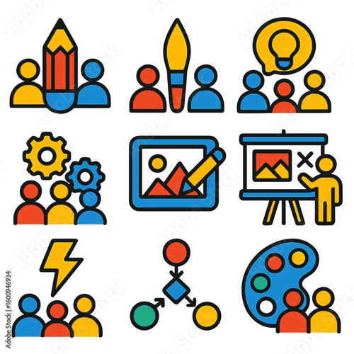Creative Collaboration Icons. Flat vector icons of collaborative creativity: shared pencil, paintbrush with people, group idea