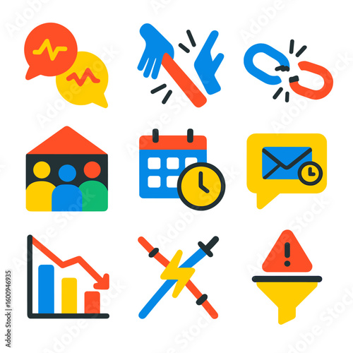 Collaboration Failure Icons. Flat vector icons of collaboration failures: miscommunication symbol, dropped baton, broken link,