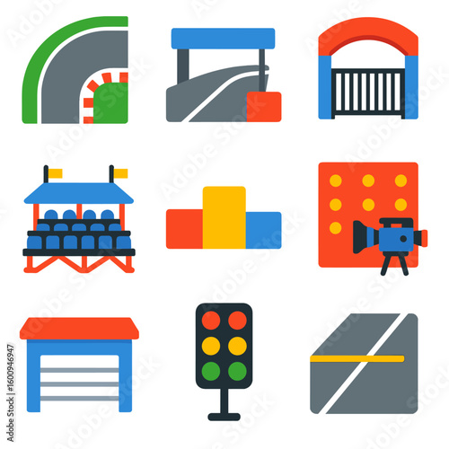 Racing Icons Set. Flat vector icons of racing environment: racetrack background, pit lane area, paddock gate, grandstands, podium