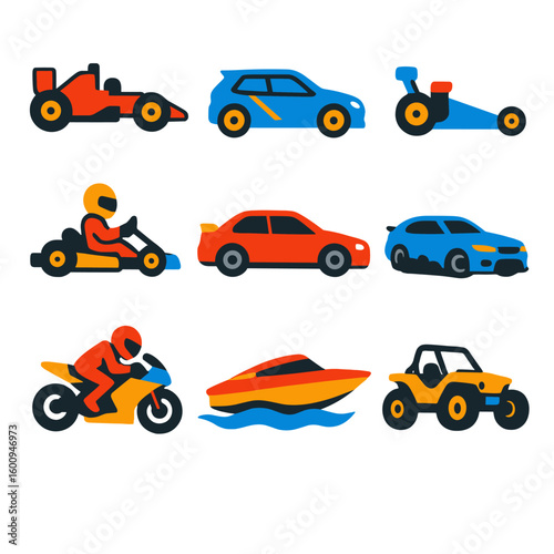 Race Vehicle Icons. Flat vector icons of race types: Formula 1 car, rally vehicle, dragster, kart racer, touring car, drift car,