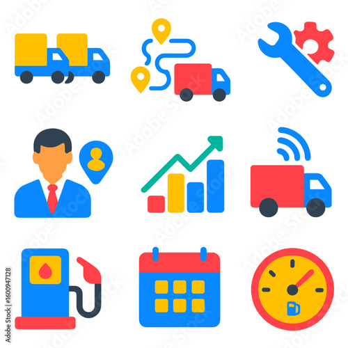 Fleet Management Icons. Flat vector icons of fleet and transport management: delivery fleet icon, truck route planner, vehicle