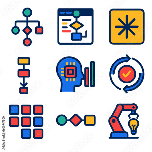 Flat Algorithmic Icons. Flat vector icons of algorithmic systems: decision path tree, code with flow, generative icon, sorting