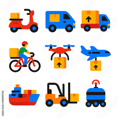 Vibrant Delivery Icons. Flat vector icons of delivery vehicle types: delivery scooter, cargo van, truck with package, bicycle