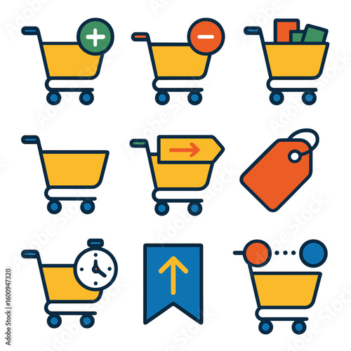 Shopping Cart Icons. Flat vector icons of shopping cart actions: add to cart icon, remove from cart, full cart, empty cart,