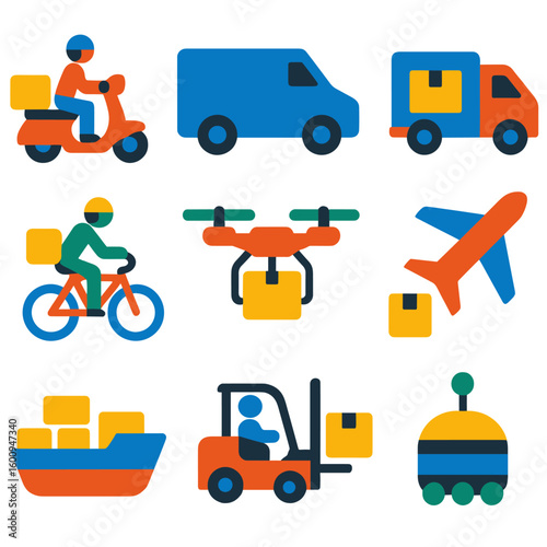 Vibrant Delivery Icons. Flat vector icons of delivery vehicle types: delivery scooter, cargo van, truck with package, bicycle