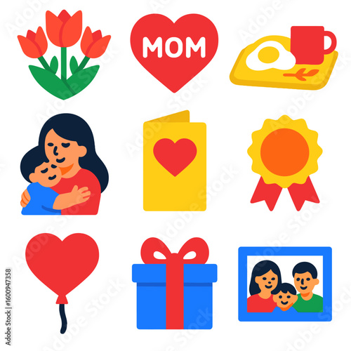 Mother's Day Icons. Flat vector icons of Mother's Day celebration: flower bouquet, heart with mom text, breakfast tray, hugging