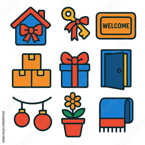 Housewarming Icon Set. Flat vector icons of New House party: house with bow, key with ribbon, welcome mat, moving boxes,