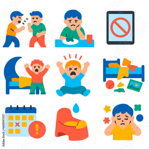 Parenting Challenge Icons. Flat vector icons of parenting challenges: sibling conflict, picky eating icon, screen time limit,