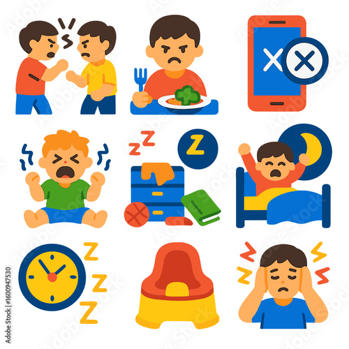 Parenting Challenge Icons. Flat vector icons of parenting challenges: sibling conflict, picky eating icon, screen time limit,