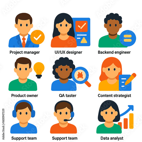 Project Team Icons. Flat vector icons of project collaboration roles: project manager, UI/UX designer, frontend developer, backend