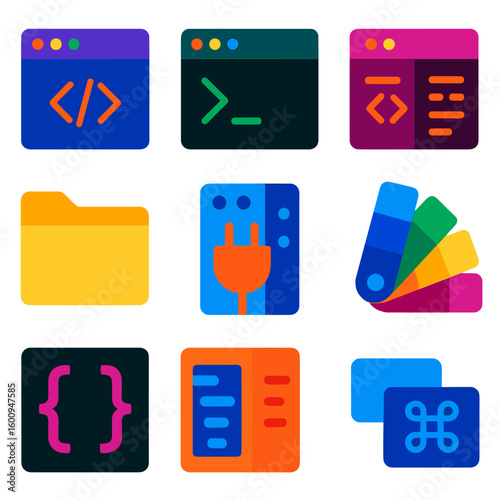 Modern Developer Icons. Flat vector icons of IDE and development tools: code editor window, terminal prompt, split screen coding,
