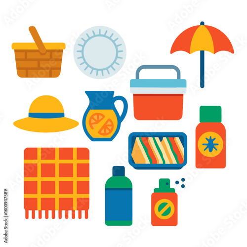 Outdoor Picnic Icons. Flat vector icons of picnic and outdoor gathering items: picnic basket, paper plate, cooler box, umbrella