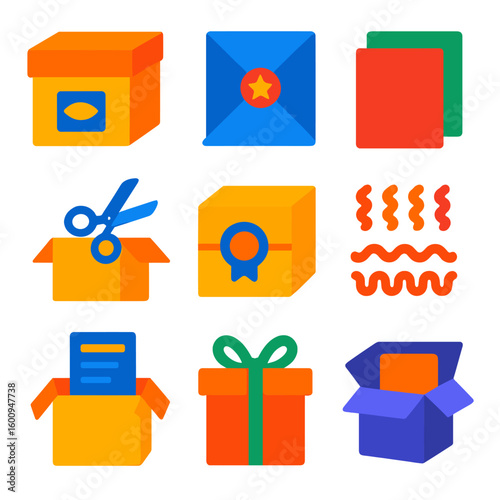 Unboxing Icon Design. Flat vector icons of packaging and unboxing experience: branded box, tissue wrap, thank you card, unboxing