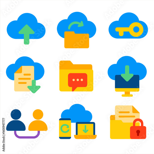 Cloud Storage Icons. Flat vector icons of cloud communication and storage: cloud upload, sync folder icon, shared access key, file