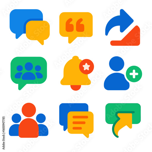 Vibrant Communication Icons. Flat vector icons of social community communication: comment thread icon, reply quote, share post