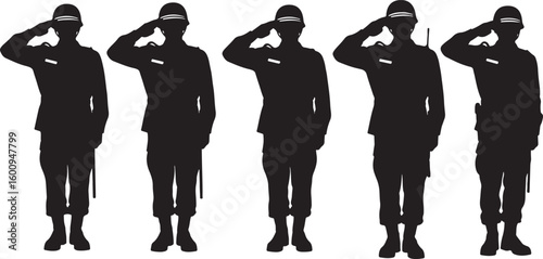 Five black silhouettes of soldiers saluting on white background, soldier, military, salute, army, uniform, man, person, silhouette, black and white, white background, standing, formal, duty, respect, 